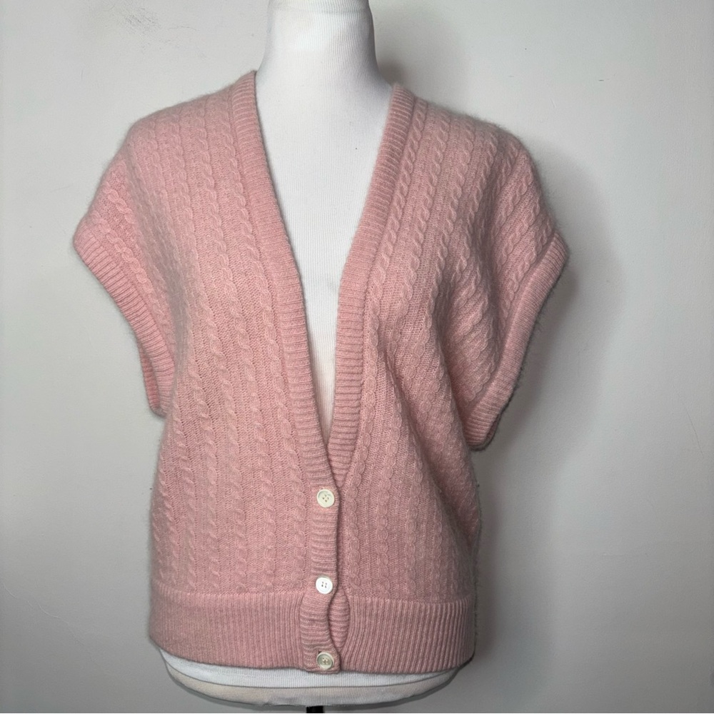 Linda Allard Ellen Tracy Pink Angora Blend Cable Knit Cardigan Sweater Vest 8